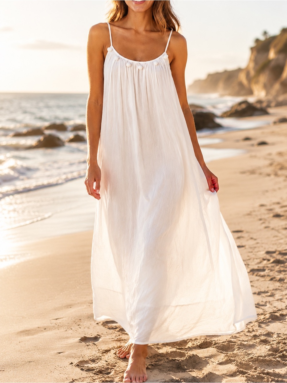 NWT Lovestitch White Boho Maxi Dress M Resort Beach Cottagecore Pom Pom Trim
